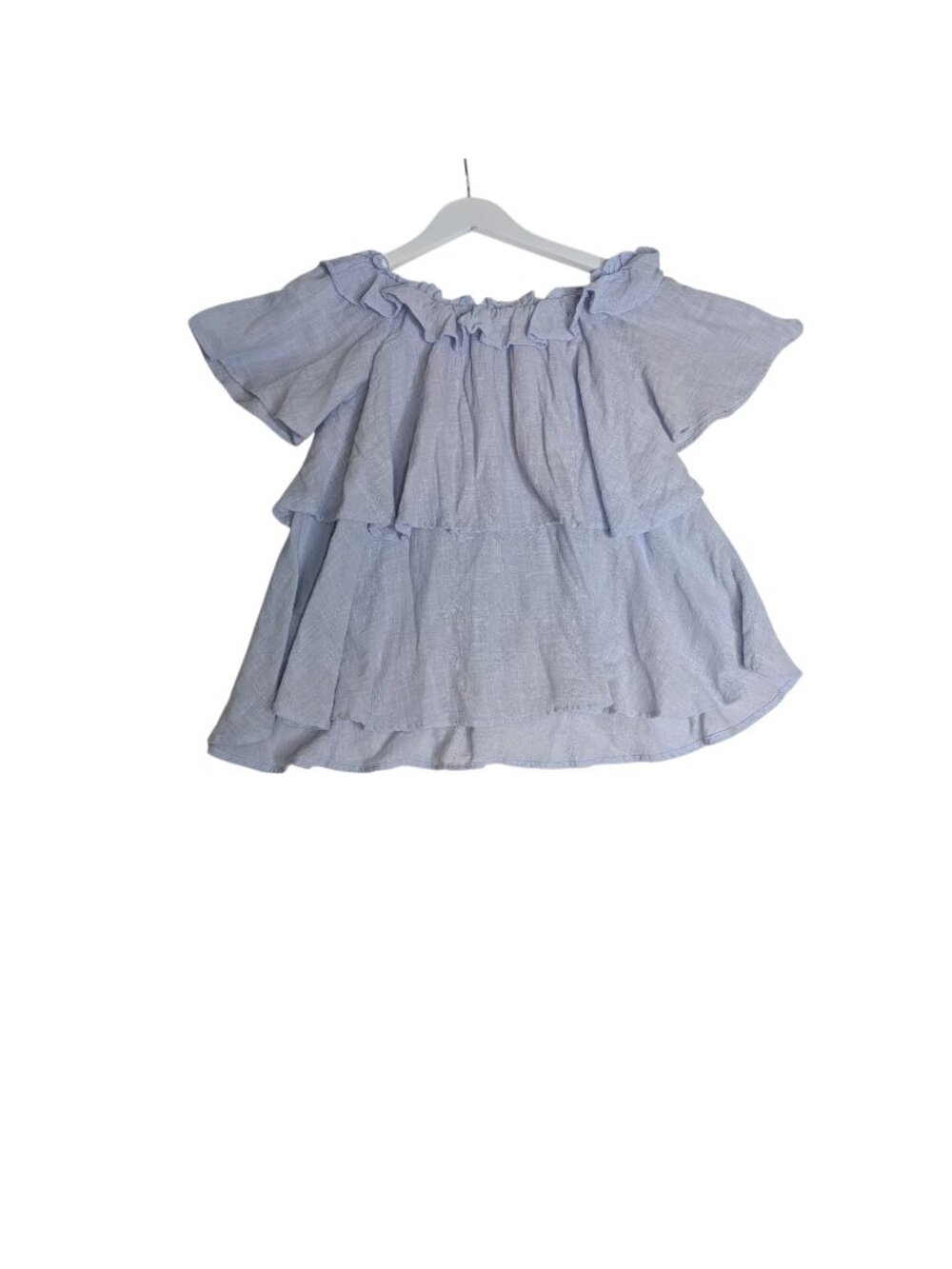 Baby Blue Ruffled Off-Shoulder Zara Layered Blouse Gauzy Cotton Womens M - Picture 10 of 11